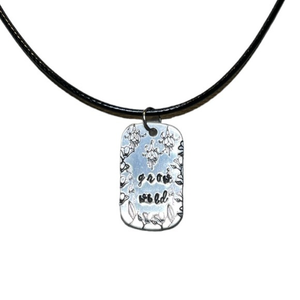 Handmade‎ stamped grow wild silver aluminum dog tag
Black leather cord necklace